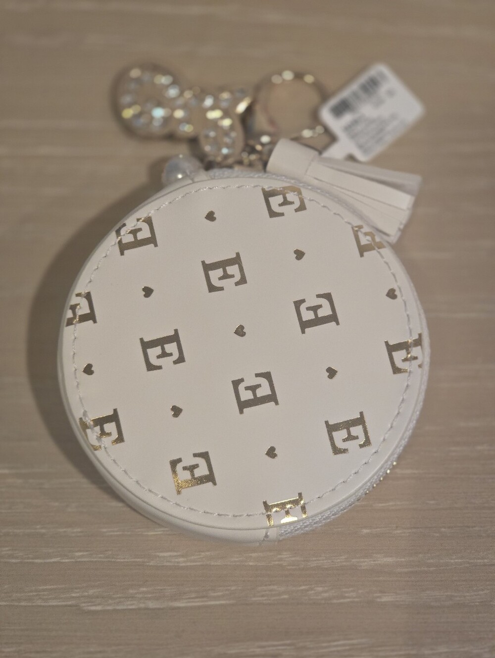 Round White Coin Purse with Gold Monogram NWT